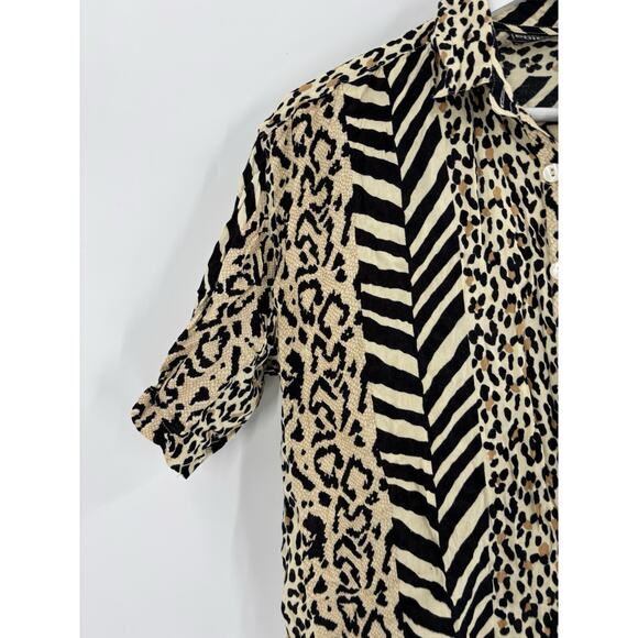 Vintage Point One Button Up Womens Large Beige Black Animal Print Short Sleeve - Picture 9 of 15